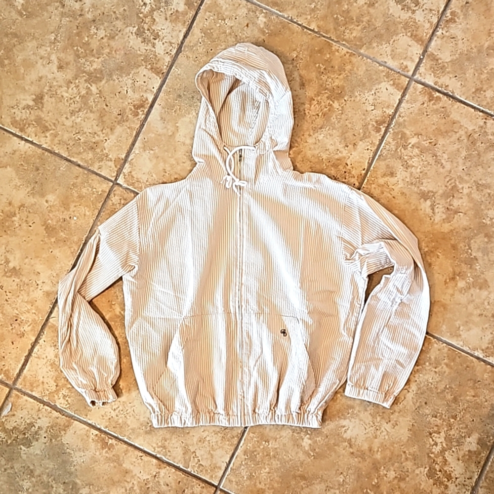 Babe Didrikson Seersucker Hooded Tan and White Striped Jacket